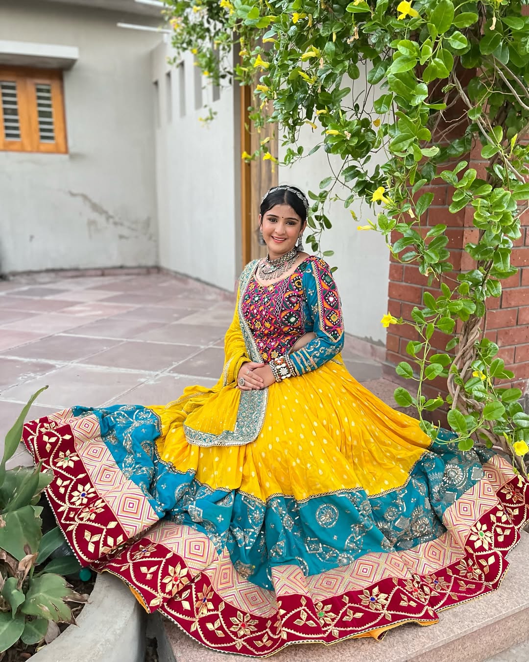 Mehrang Teal Sunset Multicolor Mirror Lehenga Set