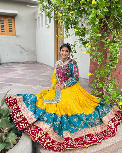 Mehrang Teal Sunset Multicolor Mirror Lehenga Set