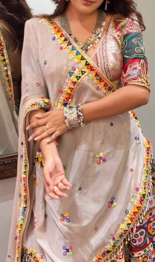 "Royal Multicolor Embroidered Chaniya Choli with White Dupatta – Perfect for Navratri & Weddings"