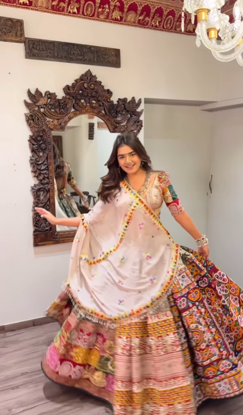 "Royal Multicolor Embroidered Chaniya Choli with White Dupatta – Perfect for Navratri & Weddings"