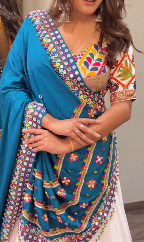 Designer White Chaniya Choli with Multicolor Patchwork & Blue Embroidered