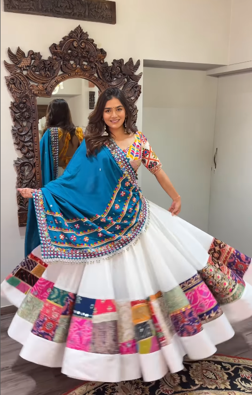 Designer White Chaniya Choli with Multicolor Patchwork & Blue Embroidered