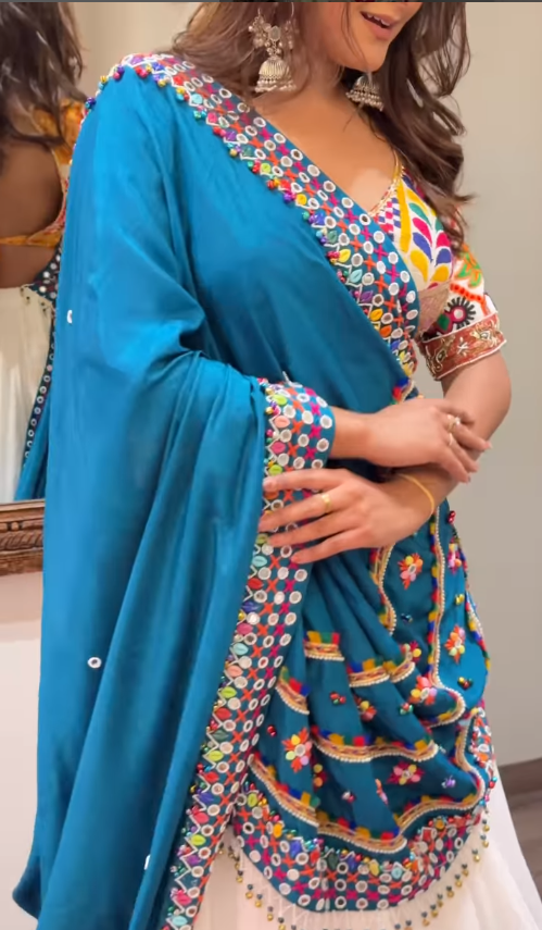 Designer White Chaniya Choli with Multicolor Patchwork & Blue Embroidered