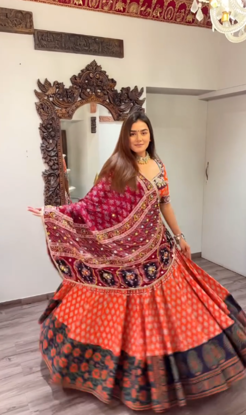 Traditional Orange Bandhej Chaniya Choli with Ajrakh Dupatta