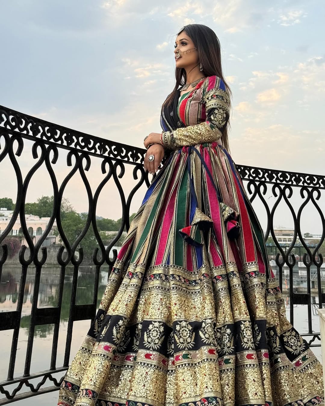 Multicolor & Golden Heavy Work Lehenga