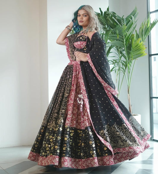 Pink & Black Foil Print Lehenga