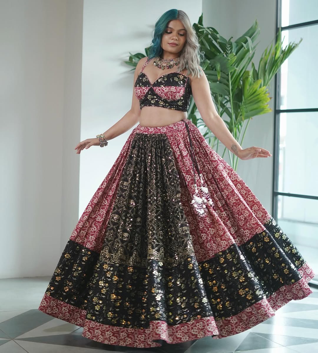 Pink & Black Foil Print Lehenga