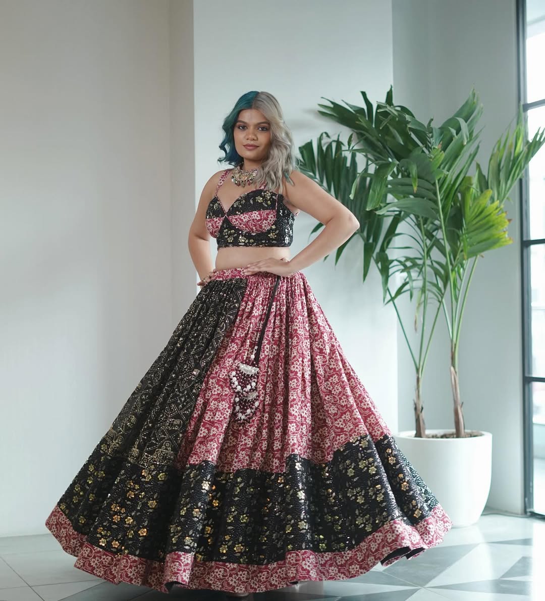 Pink & Black Foil Print Lehenga