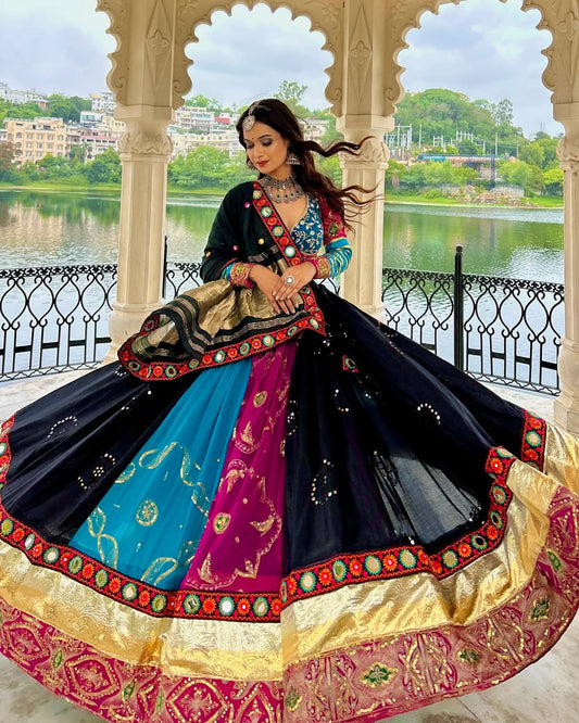 Blue, Black & Magenta Panel Garba Lehenga