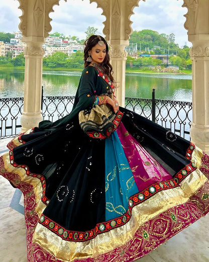 Blue, Black & Magenta Panel Garba Lehenga
