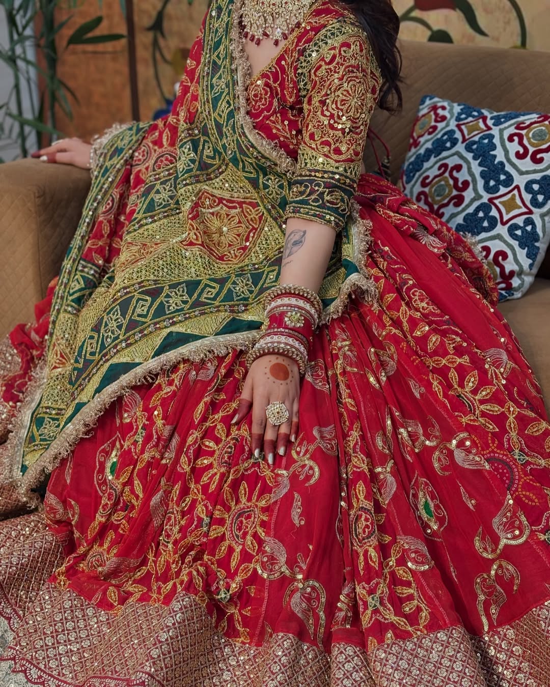 Bridal Red Lehenga with Green Dupatta