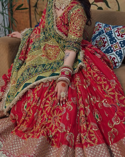 Bridal Red Lehenga with Green Dupatta