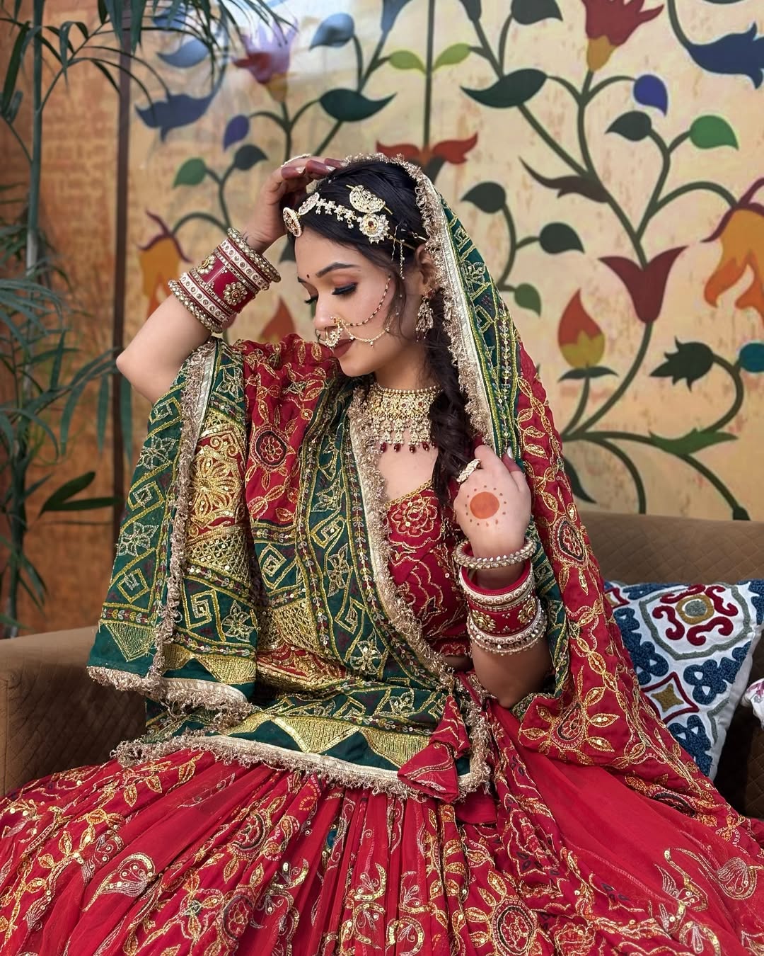 Bridal Red Lehenga with Green Dupatta