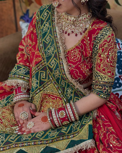 Bridal Red Lehenga with Green Dupatta