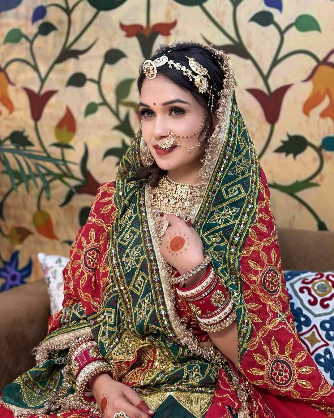 Bridal Red Lehenga with Green Dupatta
