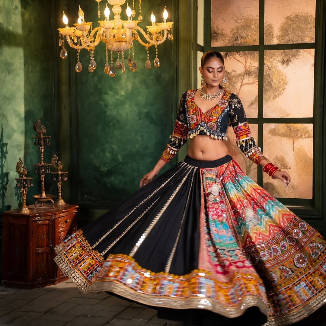 Royal Radiance Black Flair Gamthi Work Lehenga Choli
