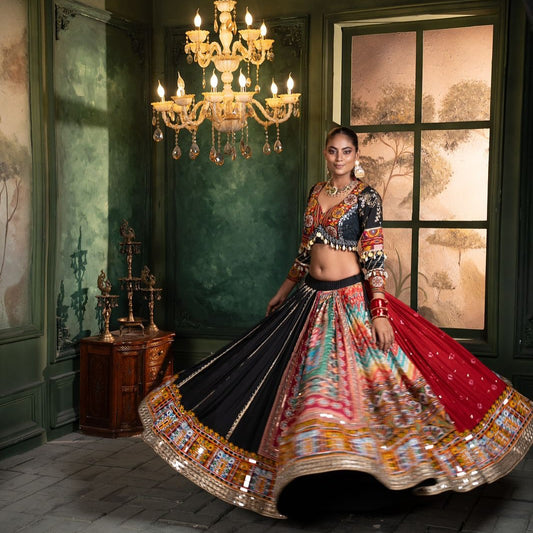 Royal Radiance Black Flair Gamthi Work Lehenga Choli