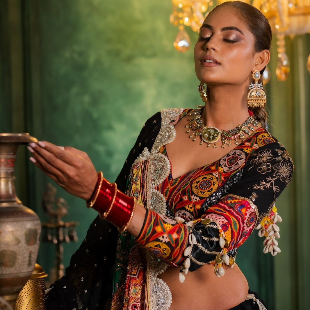 Royal Radiance Black Flair Gamthi Work Lehenga Choli