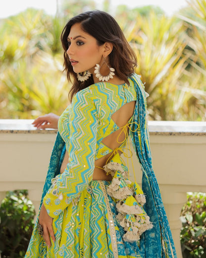 Lime Green & Sky Blue Block Print Lehenga with Golden Border