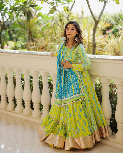 Lime Green & Sky Blue Block Print Lehenga with Golden Border