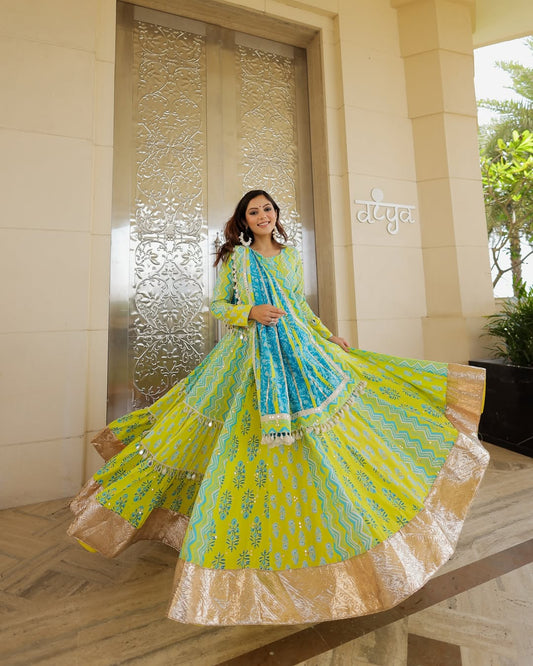 Lime Green & Sky Blue Block Print Lehenga with Golden Border