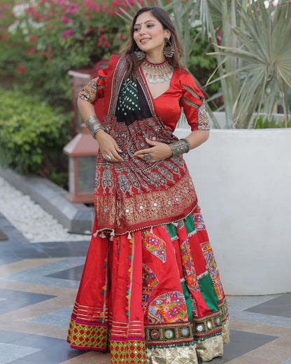 Red & Green Garba Lehenga with Mirror Patchwork & Golden Borde