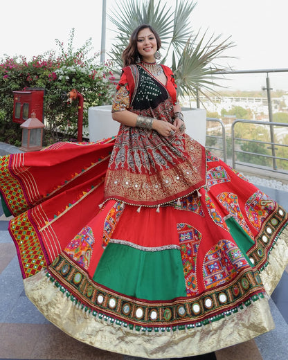 Red & Green Garba Lehenga with Mirror Patchwork & Golden Borde