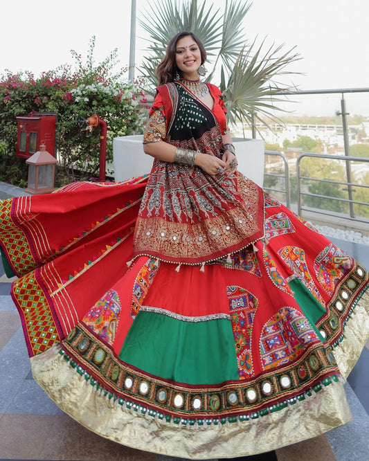 Red & Green Garba Lehenga with Mirror Patchwork & Golden Borde