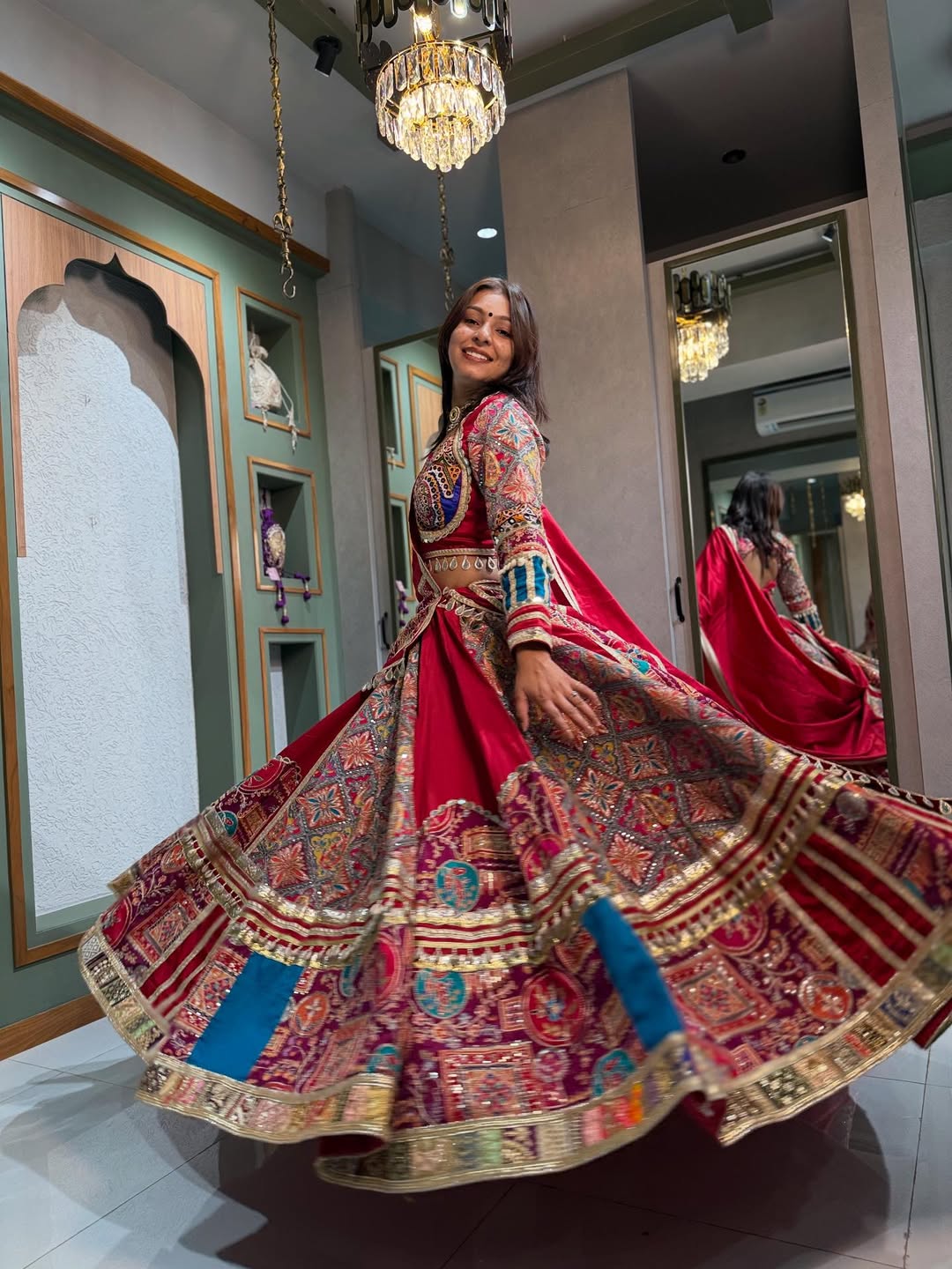 Royal Red Mirror Work Lehenga Choli