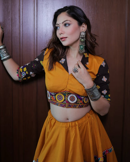 Mustard Yellow Lehenga with Tribal Mirror Work & Boho Blouse