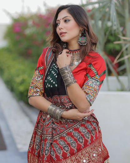 Red & Green Garba Lehenga with Mirror Patchwork & Golden Borde
