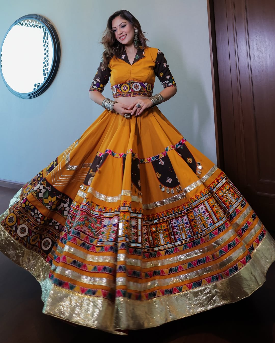 Mustard Yellow Lehenga with Tribal Mirror Work & Boho Blouse