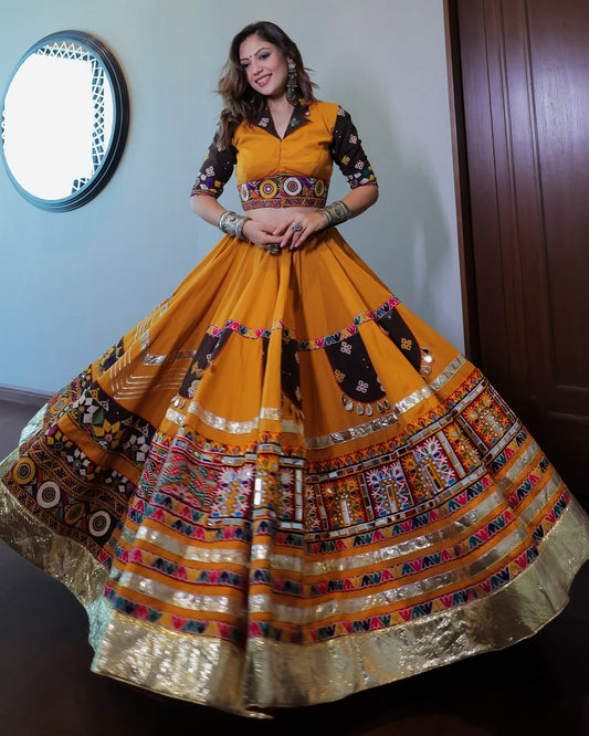 Mustard Yellow Lehenga with Tribal Mirror Work & Boho Blouse