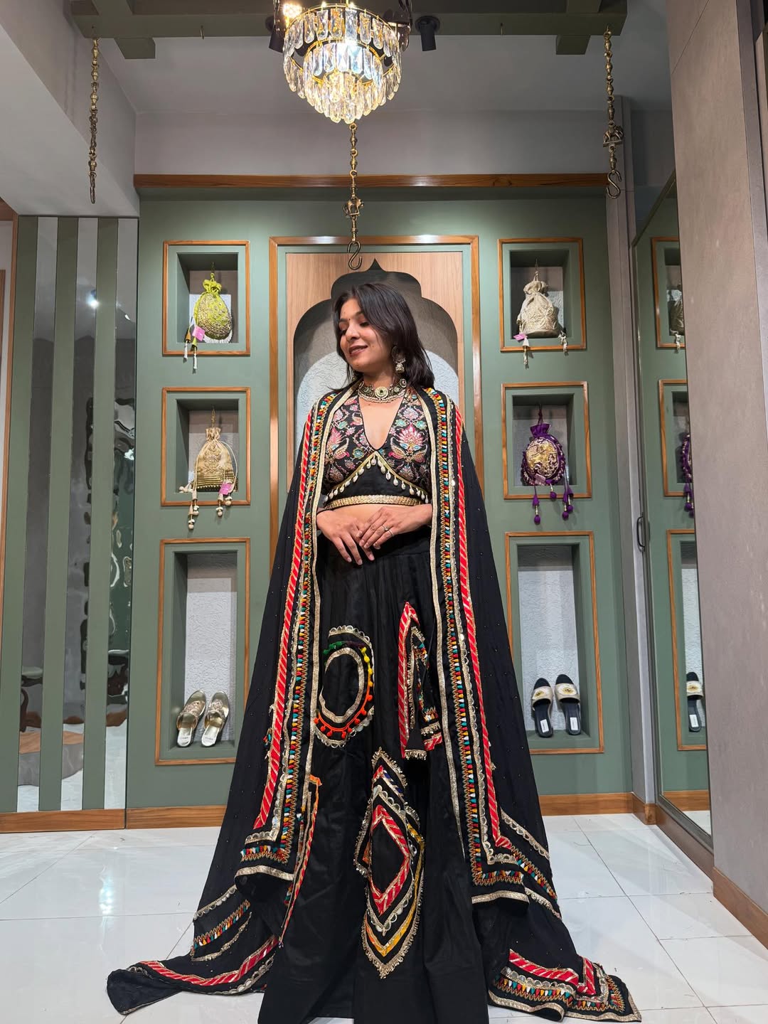 Black Royal Mirror Embroidered Lehenga