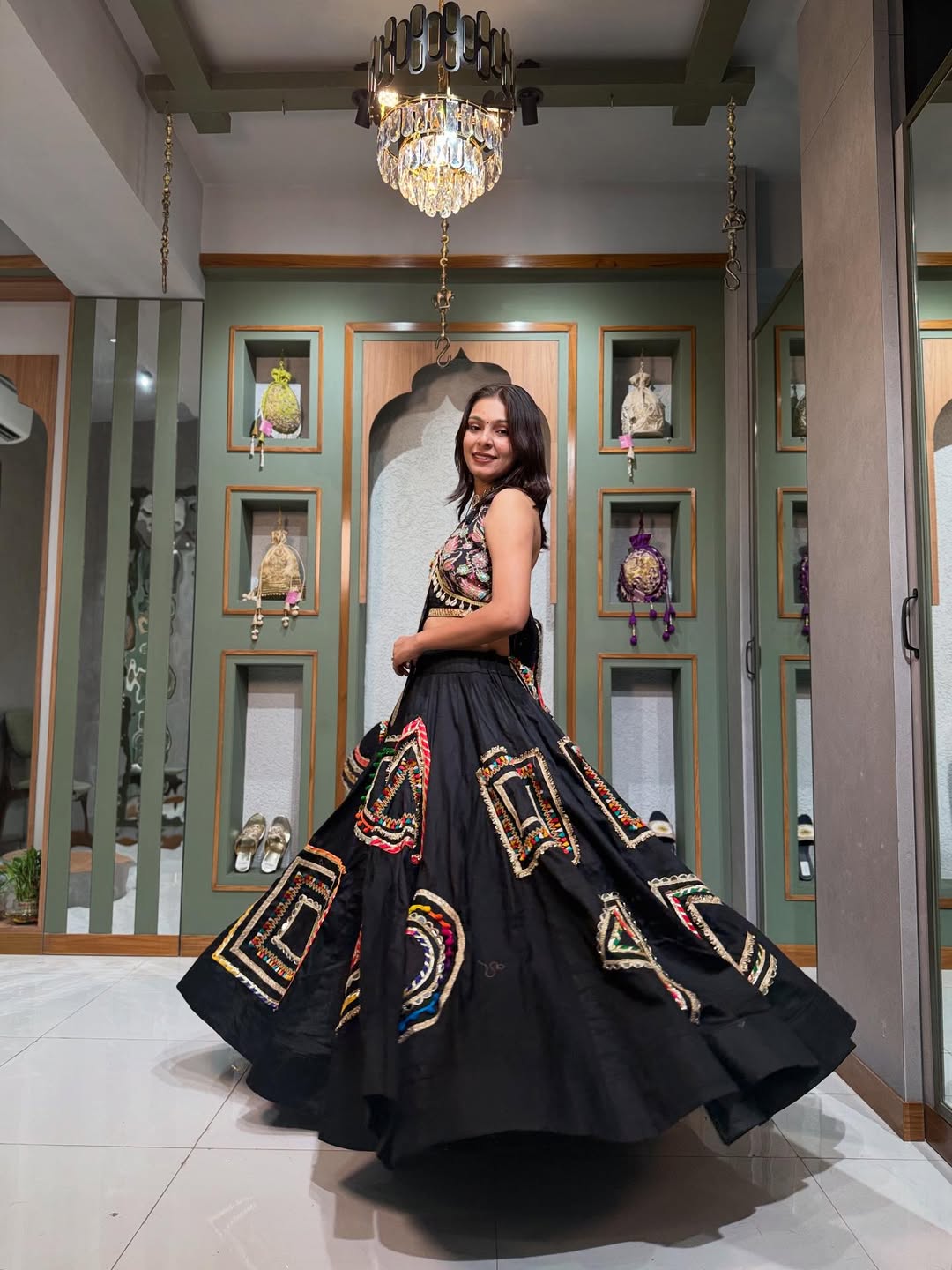 Black Royal Mirror Embroidered Lehenga