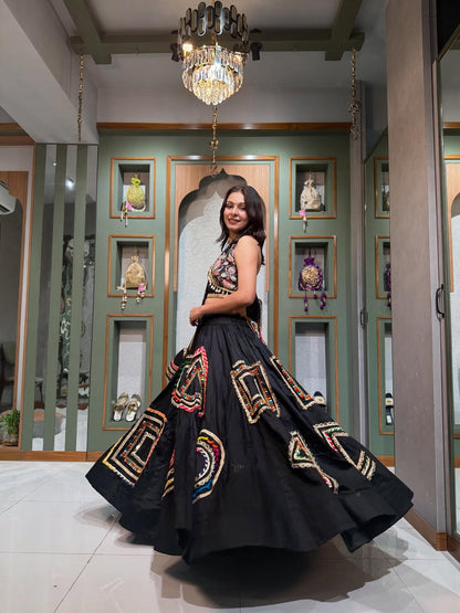 Black Royal Mirror Embroidered Lehenga