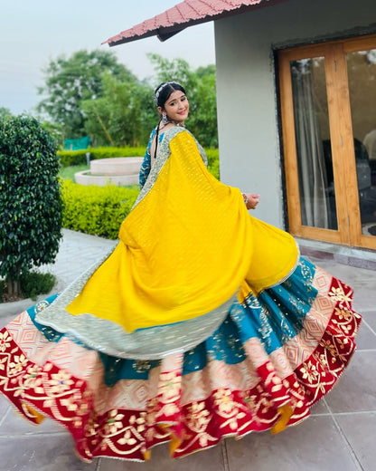 Mehrang Teal Sunset Multicolor Mirror Lehenga Set