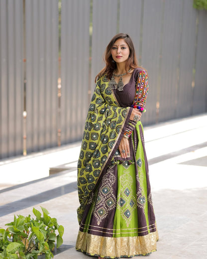 Olive Green & Brown Lehenga with Geometric Foil Work & Mirror Accents