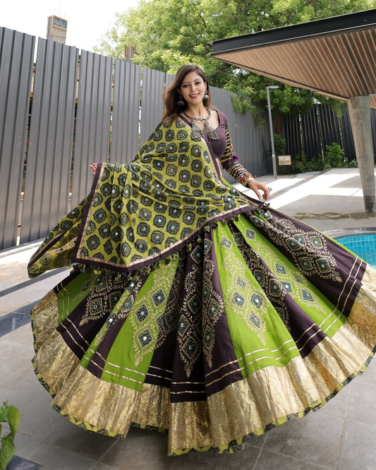 Olive Green & Brown Lehenga with Geometric Foil Work & Mirror Accents