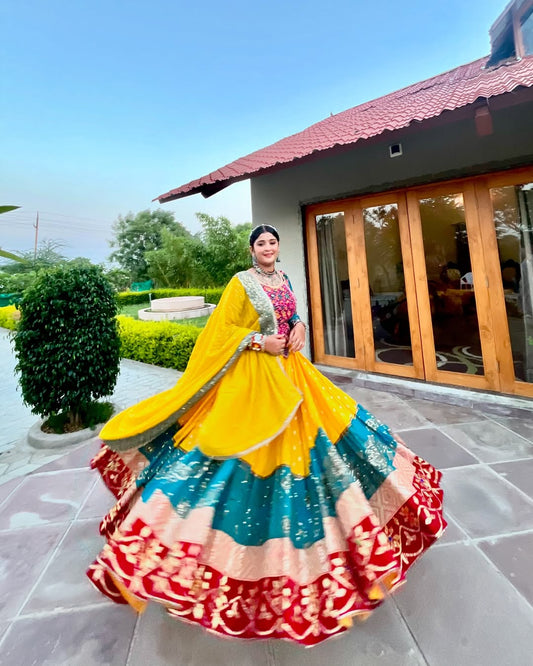 Mehrang Teal Sunset Multicolor Mirror Lehenga Set