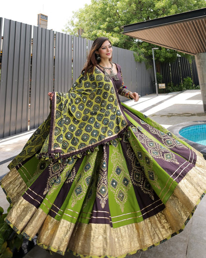 Olive Green & Brown Lehenga with Geometric Foil Work & Mirror Accents