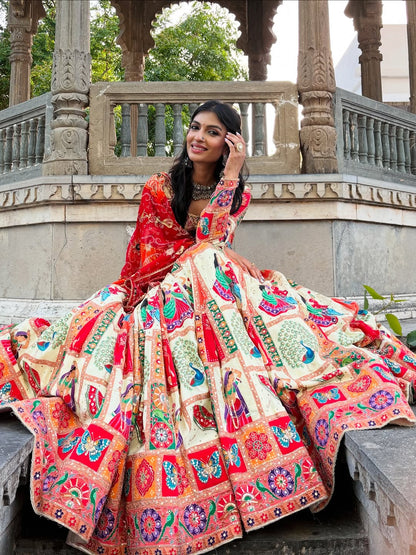 Cream-Red Patchwork Lehenga