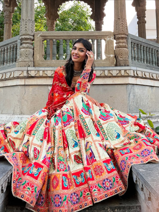 Cream-Red Patchwork Lehenga