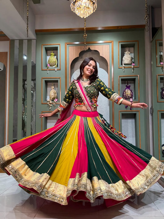 Vibrant Rani and Yellow Fusion Lehenga