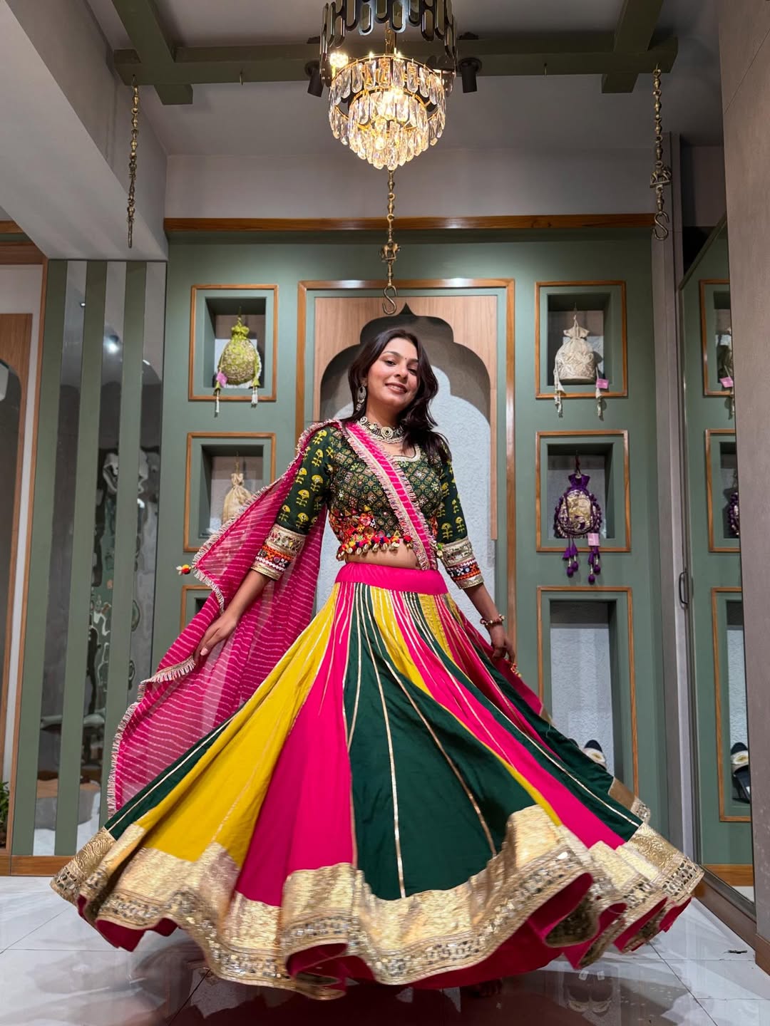 Vibrant Rani and Yellow Fusion Lehenga