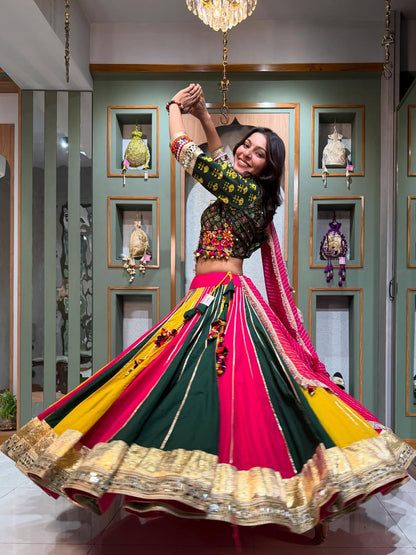 Vibrant Rani and Yellow Fusion Lehenga