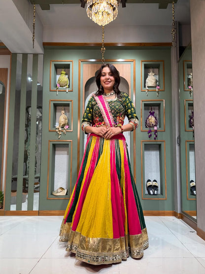 Vibrant Rani and Yellow Fusion Lehenga