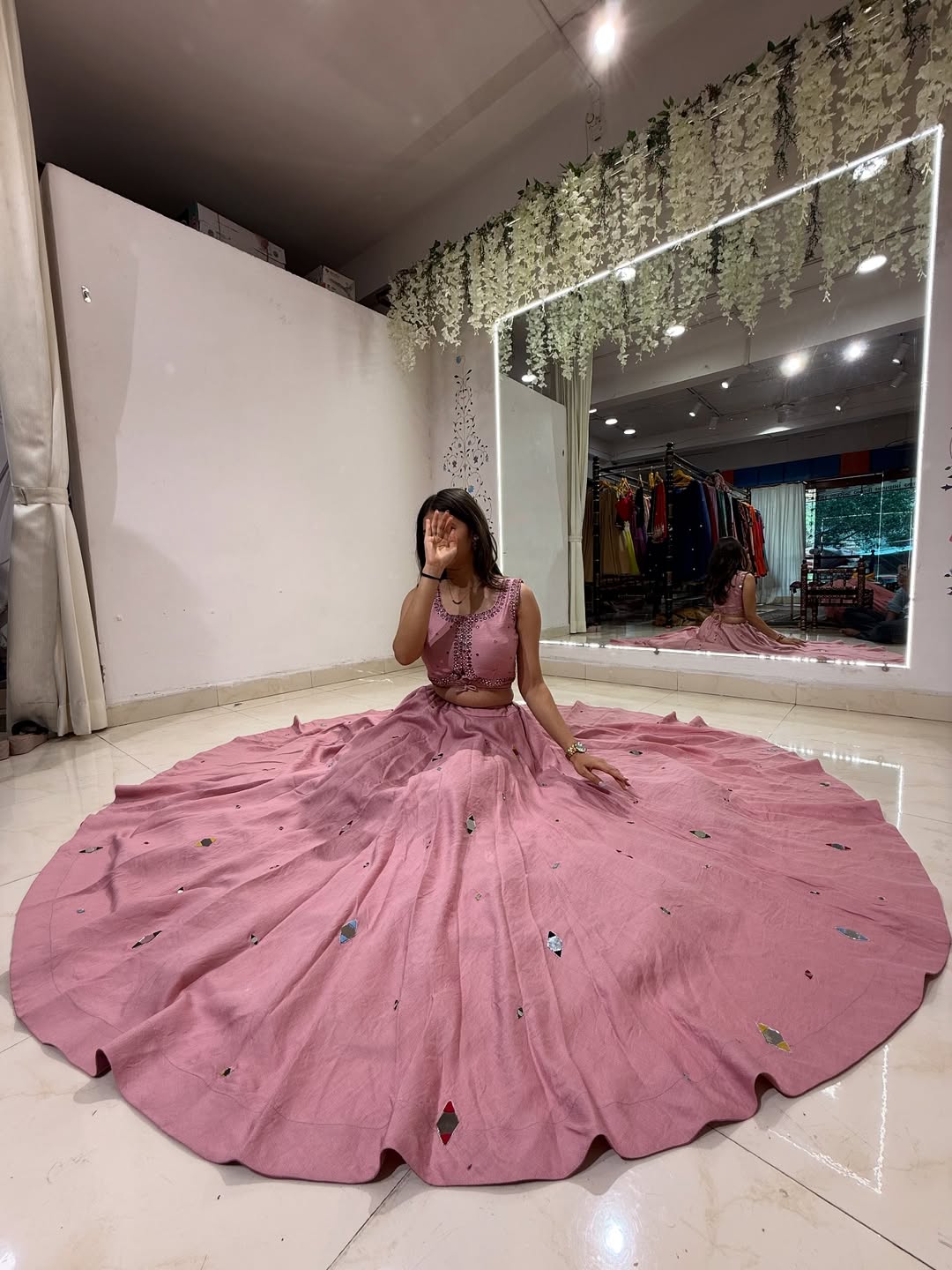 Rosy Pink Mirror Embellished Lehenga Set