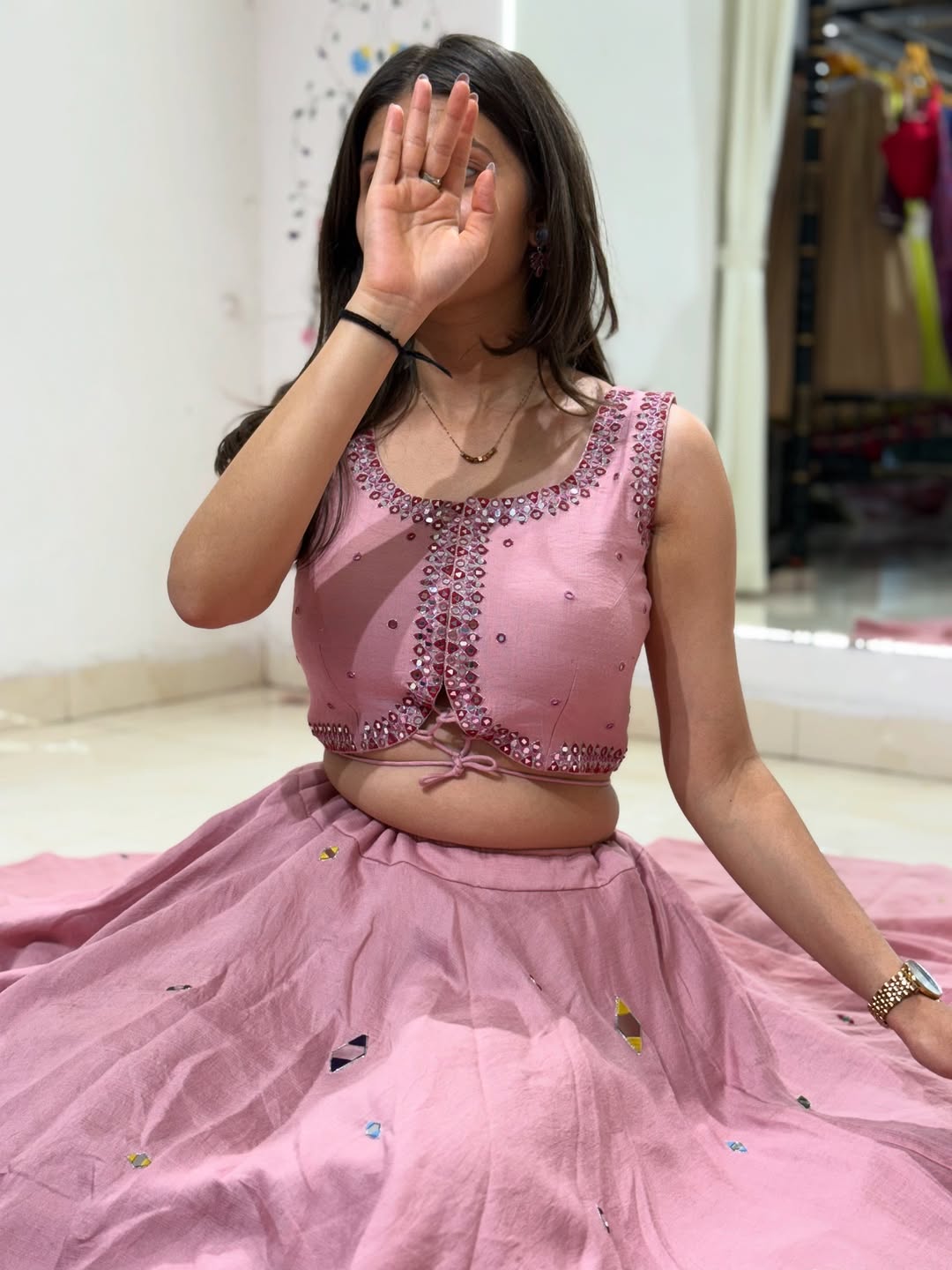 Rosy Pink Mirror Embellished Lehenga Set