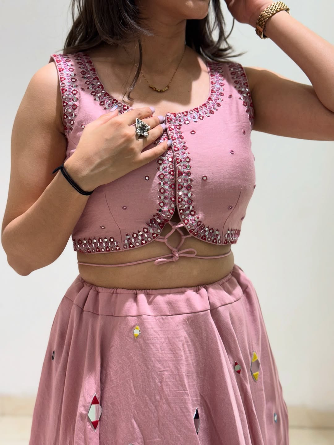 Rosy Pink Mirror Embellished Lehenga Set